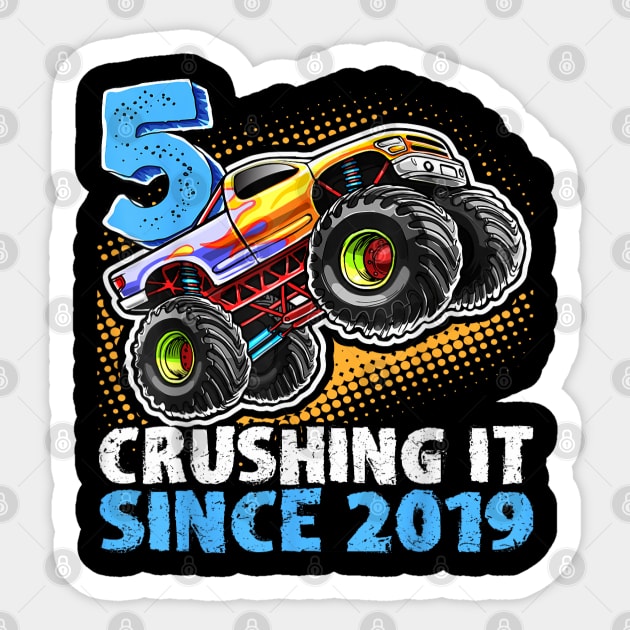 Monster Truck 5 Year Old Boys 5th Birthday Party Born 2019 Sticker by elmiragokoryan